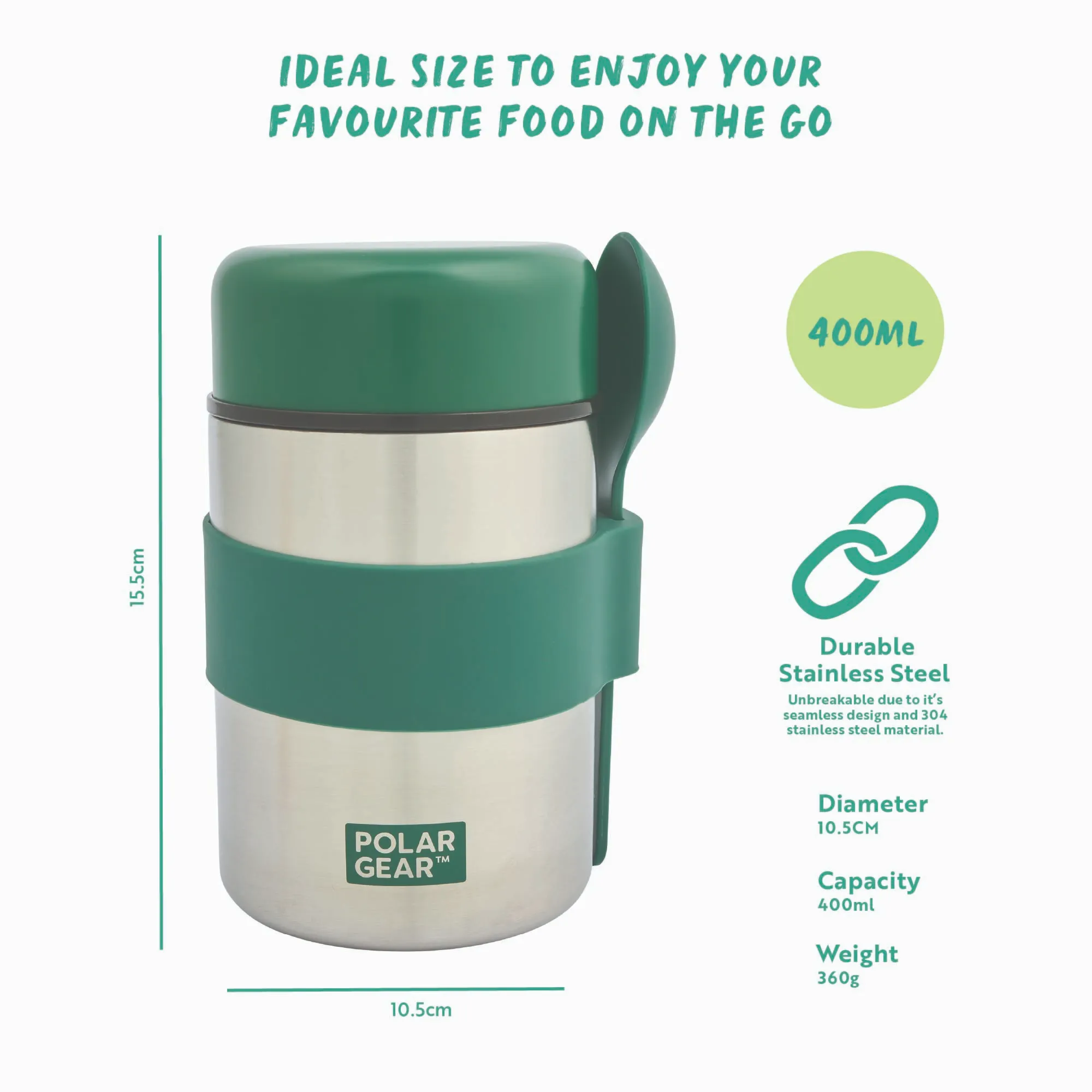 Insulated Food Flask – Triple Layer Stainless Steel Soup & Food Container With Spoon Forest Green, 400ml - Image 2