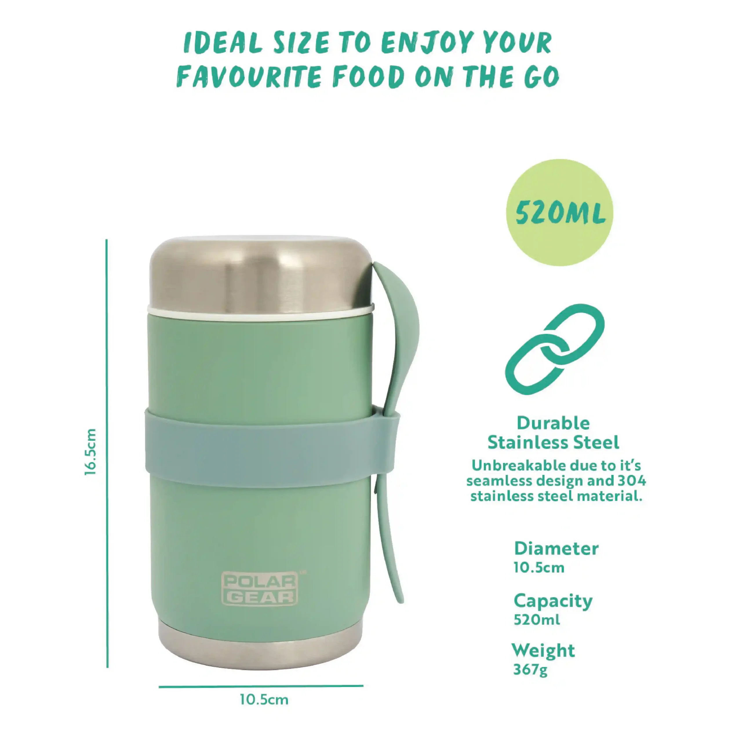 Stainless Steel Food Flask With Spoon 520ml - EU Green - Image 4
