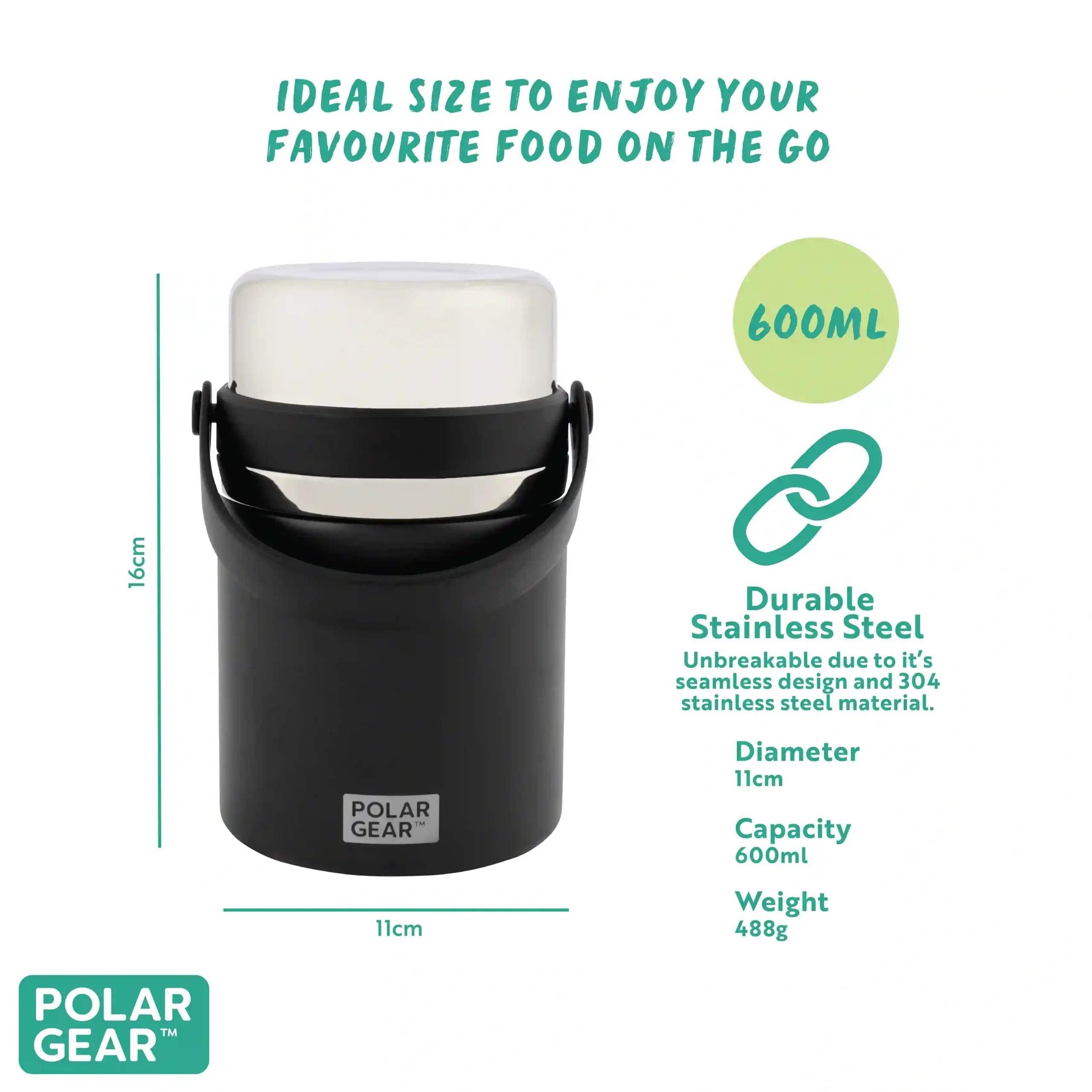 Insulated Food Flask With Spoon 600ml - Black - Image 3