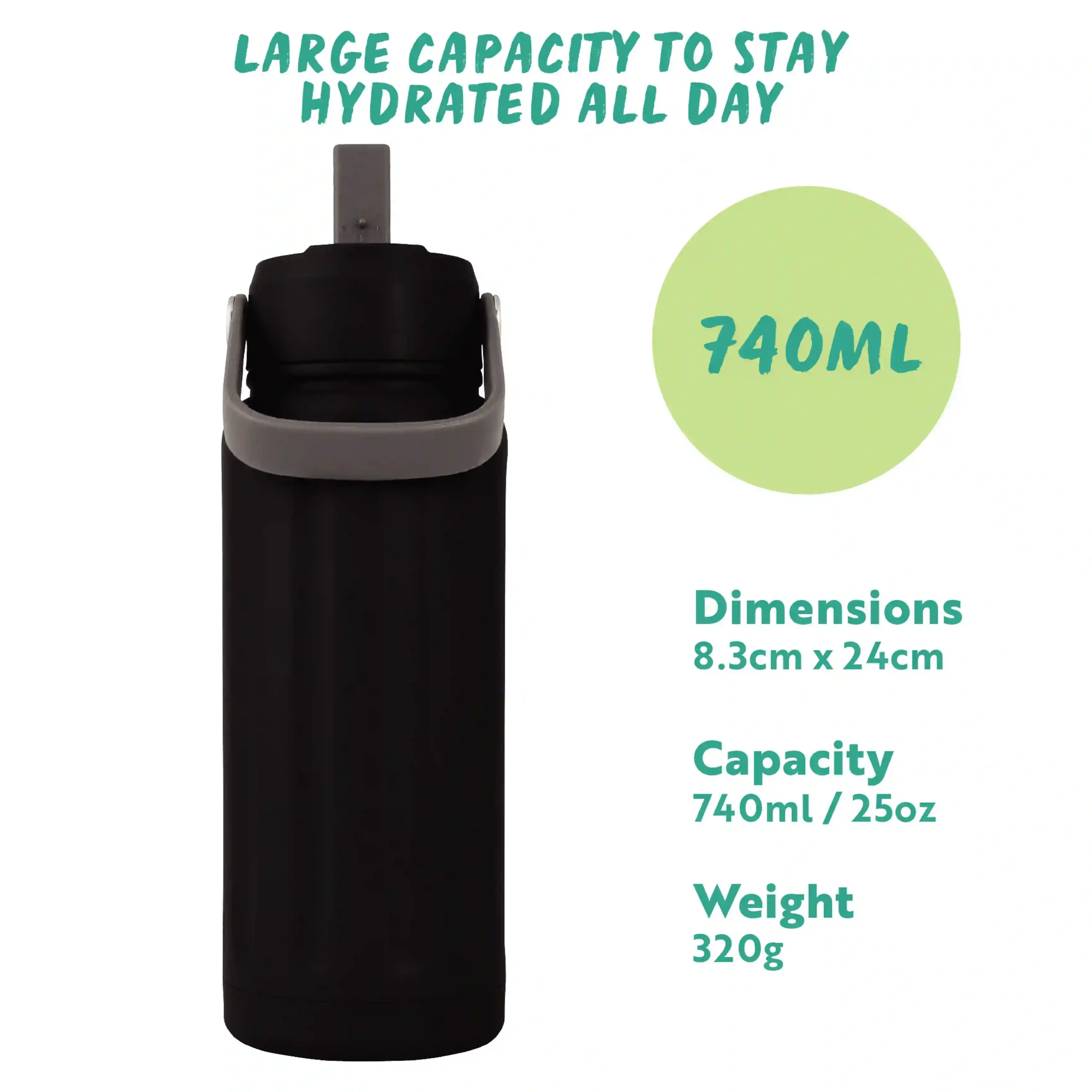 Hydra Wave Insulated Water Bottle 740ml - Black - Image 4