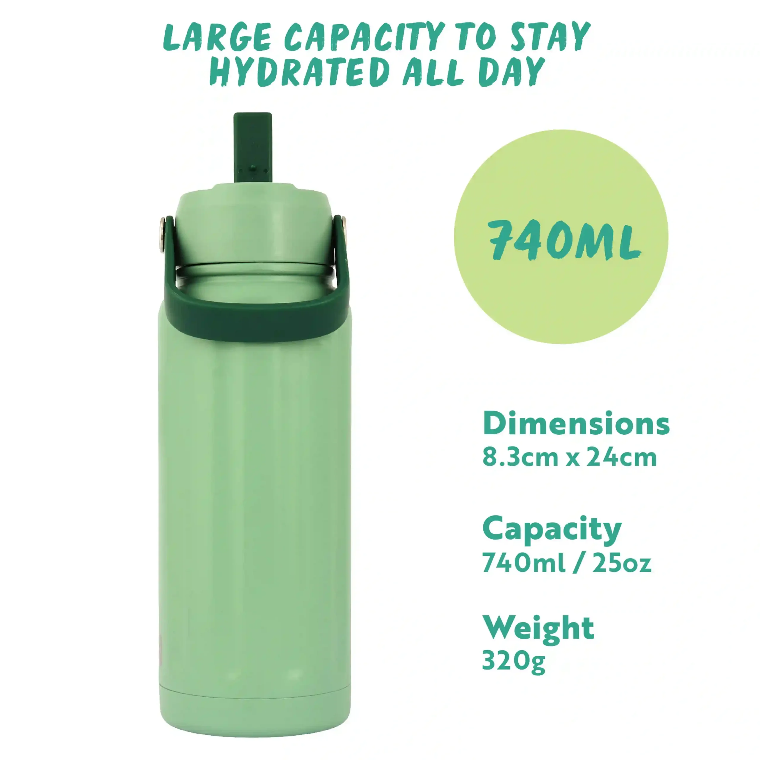 Hydra Wave Insulated Water Bottle 740ml - Eucalyptus Green - Image 3