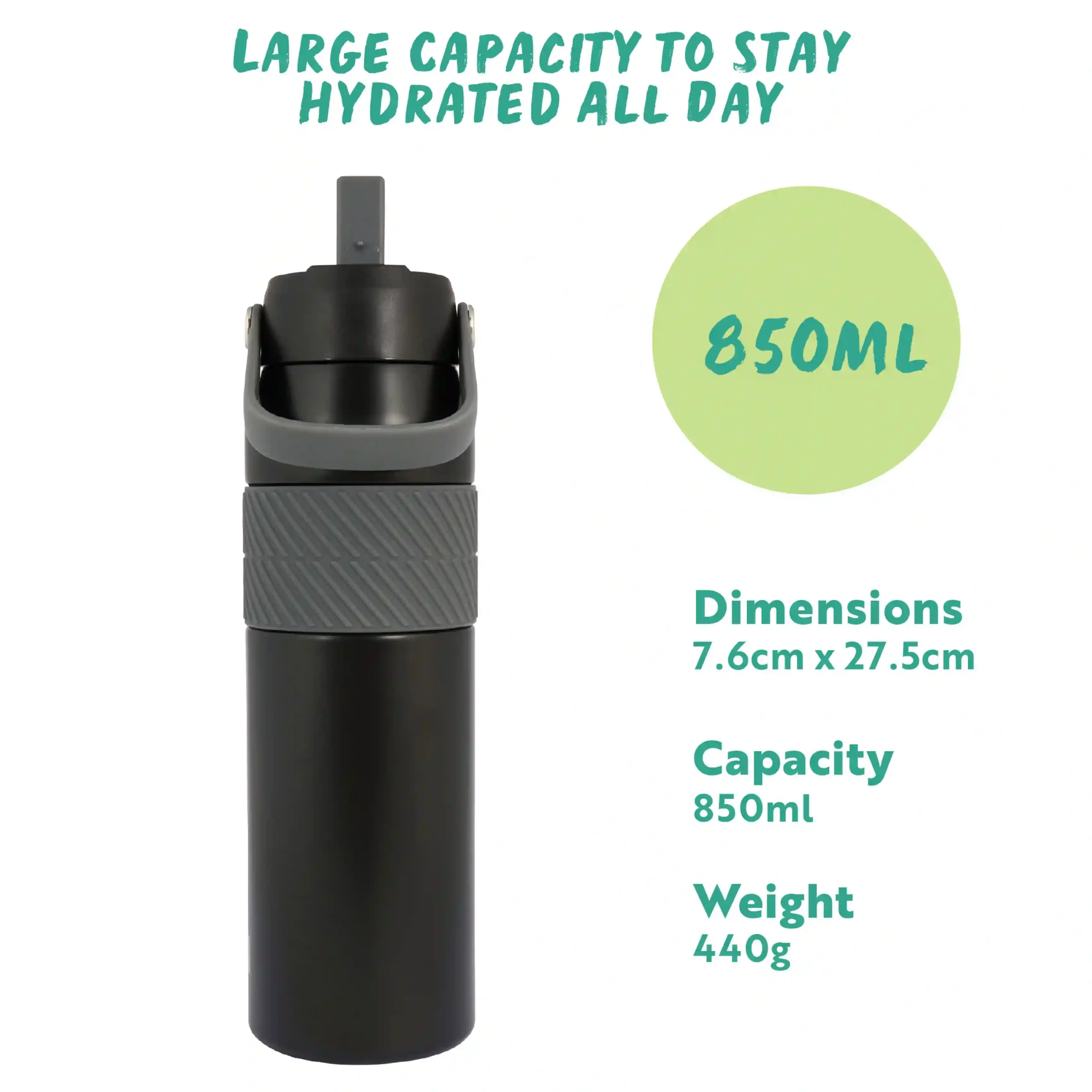 Hydra Grip Insulated Water Bottle 850ml - Black - Image 4