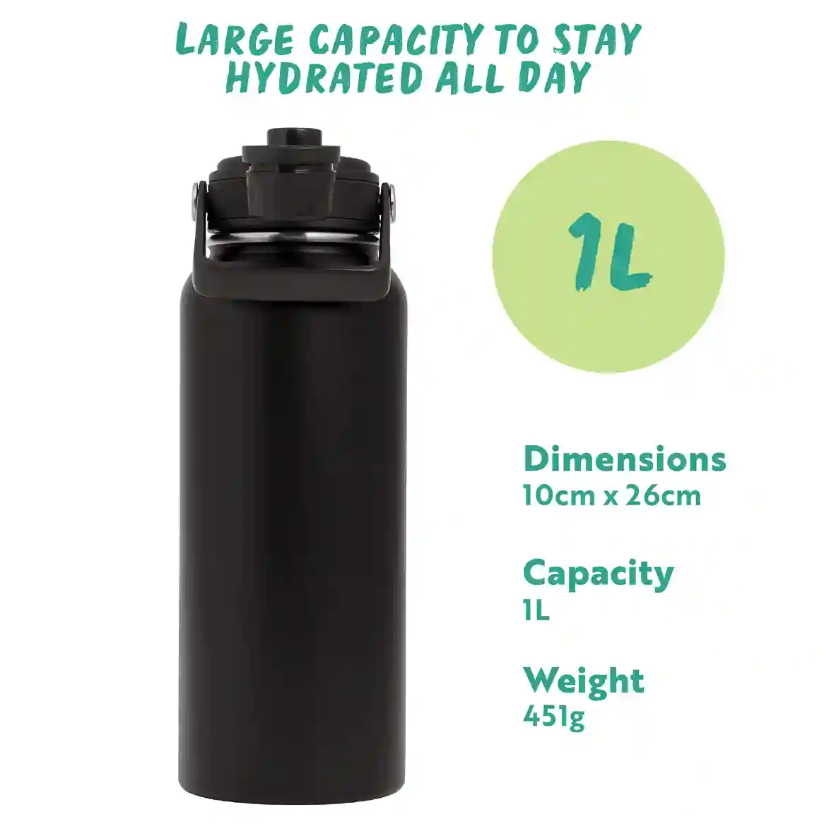 Hydra Venture Insulated Water Bottle 1L - Black - Image 4