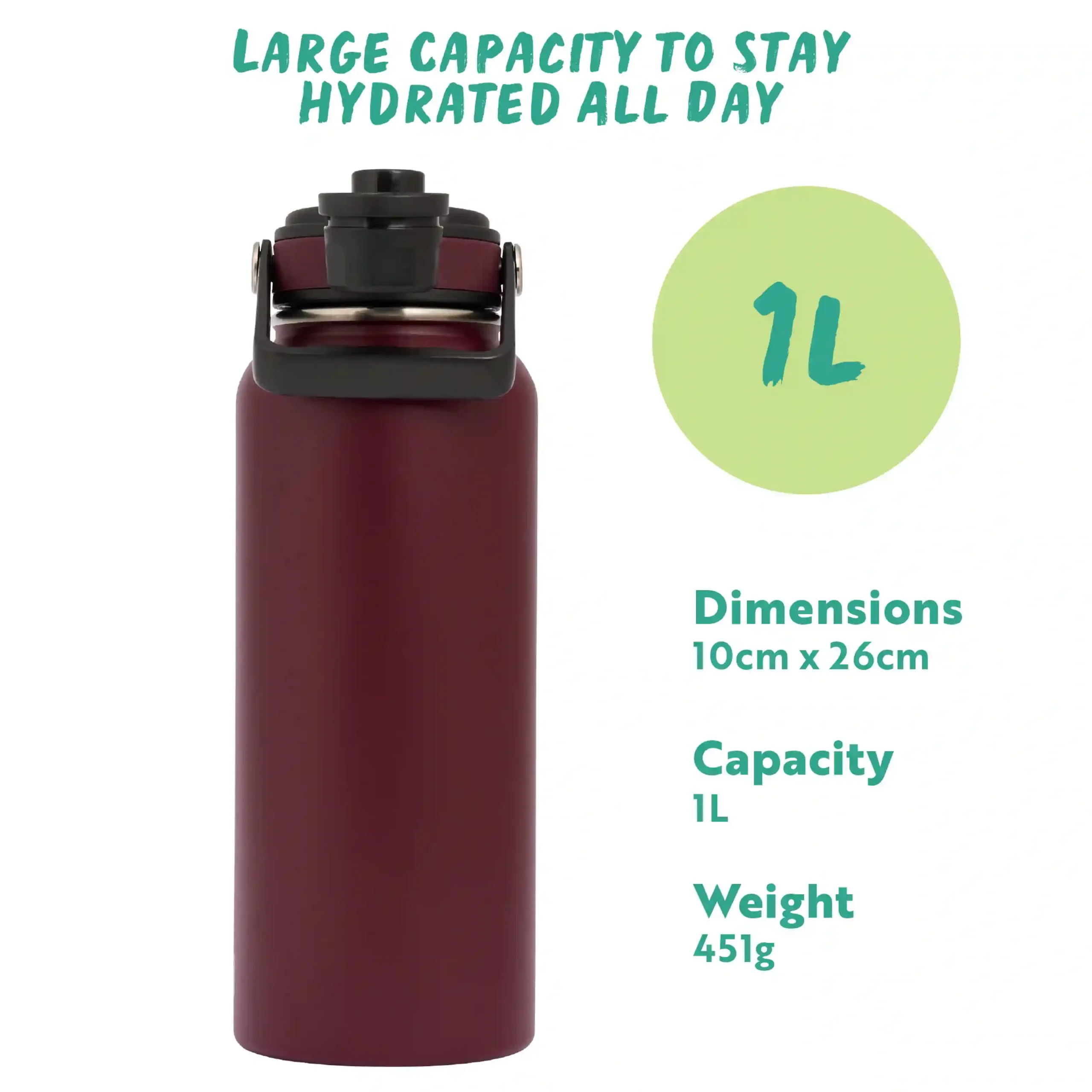 Hydra Venture Insulated Water Bottle 1L - Wine - Image 4