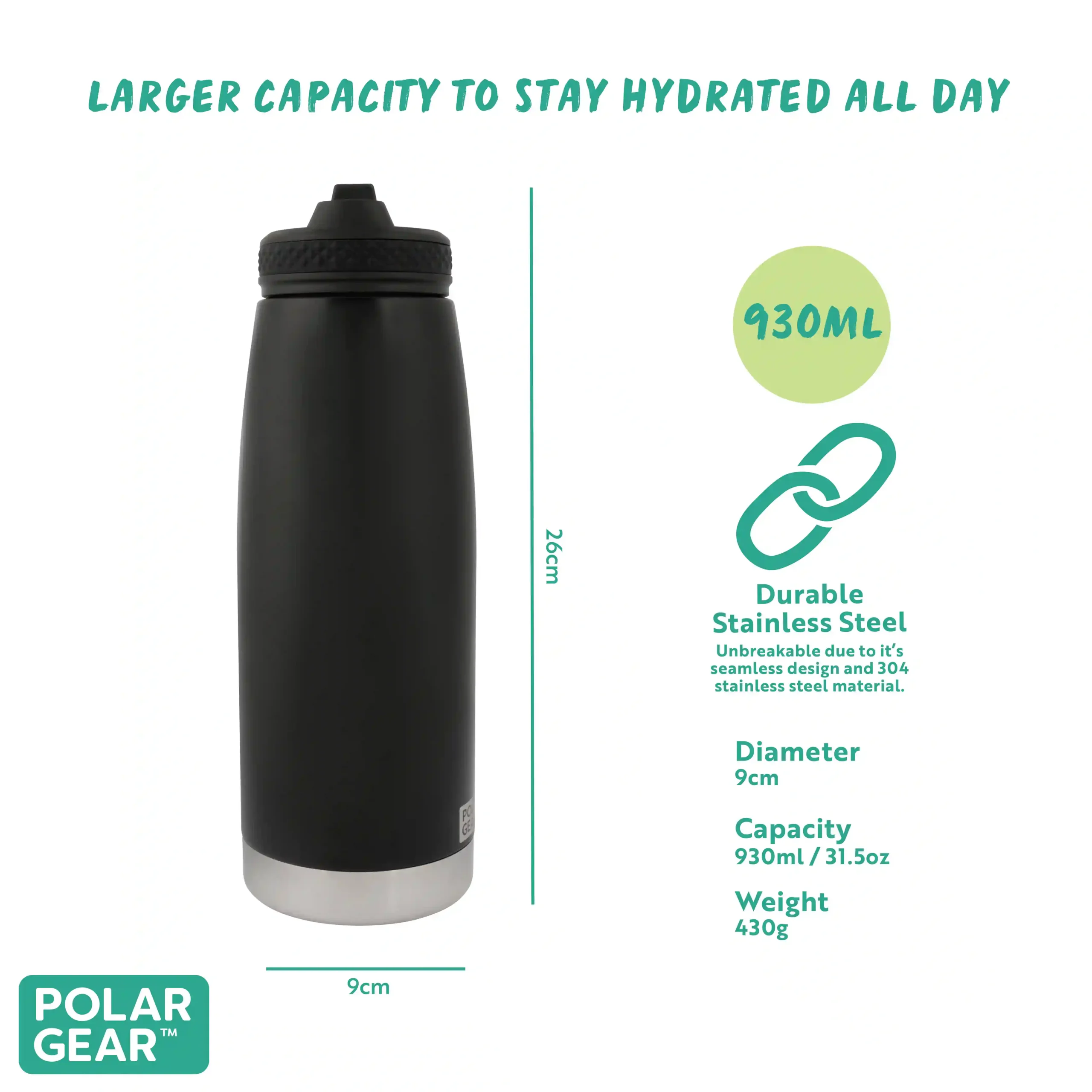 Hydra Quench Insulated Water Bottle 930ml - Black - Image 4